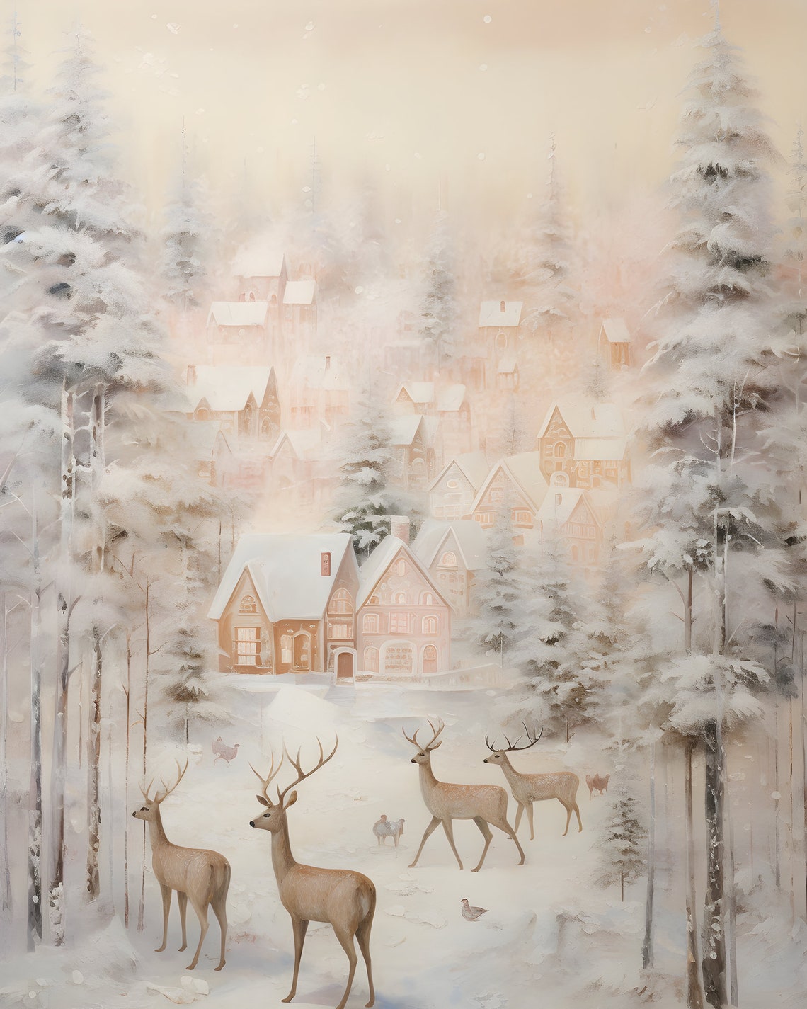 Snowy Village With Deer Rustic Christmas Winter Scene Poster - Image 6