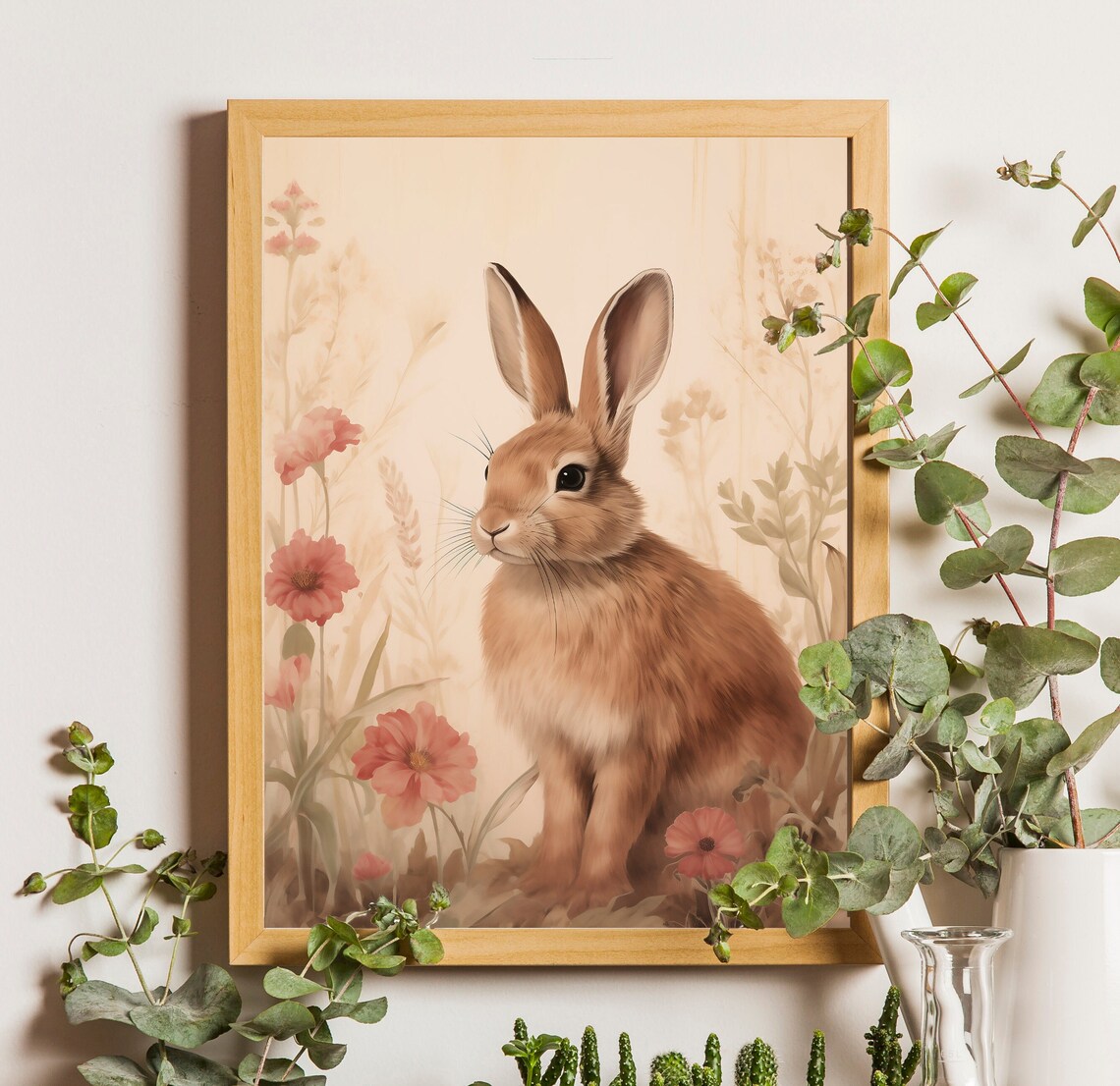 Spring Bunny Rabbit In Wildflowers, Vintage Farmhouse