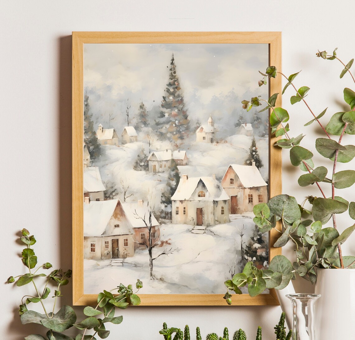 Vintage Winter Village Painting, Moody Winter Landscape