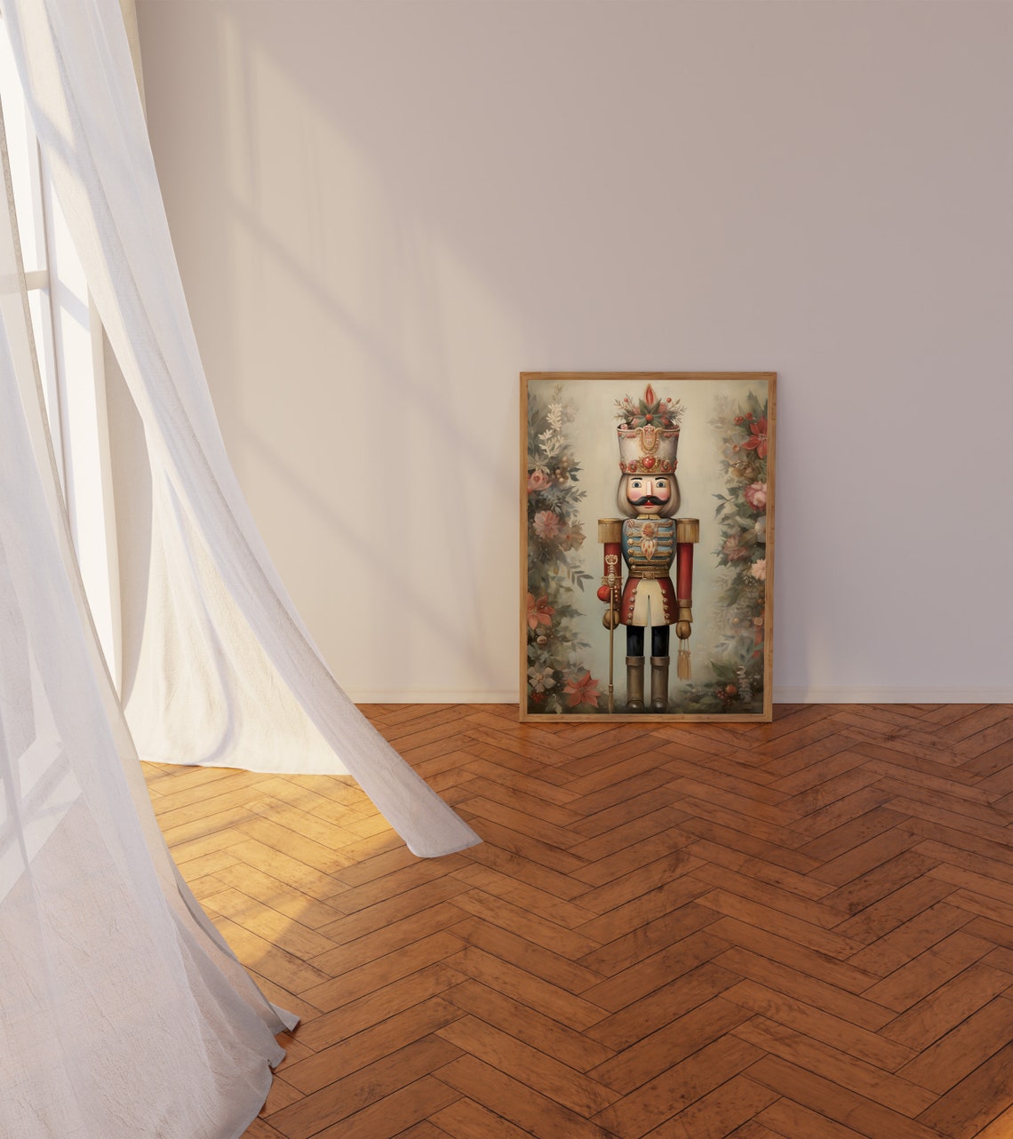 Nutcracker Soldier with Berry Crown Floral Background Poster - Image 3