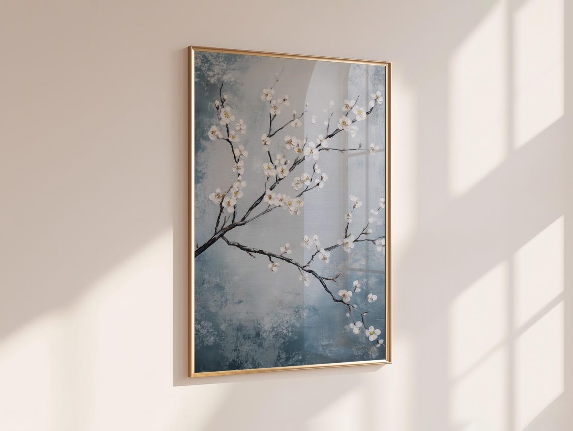 White Cherry Blossom Branches Blue Gray Japandi Home Decor Poster - Image 6