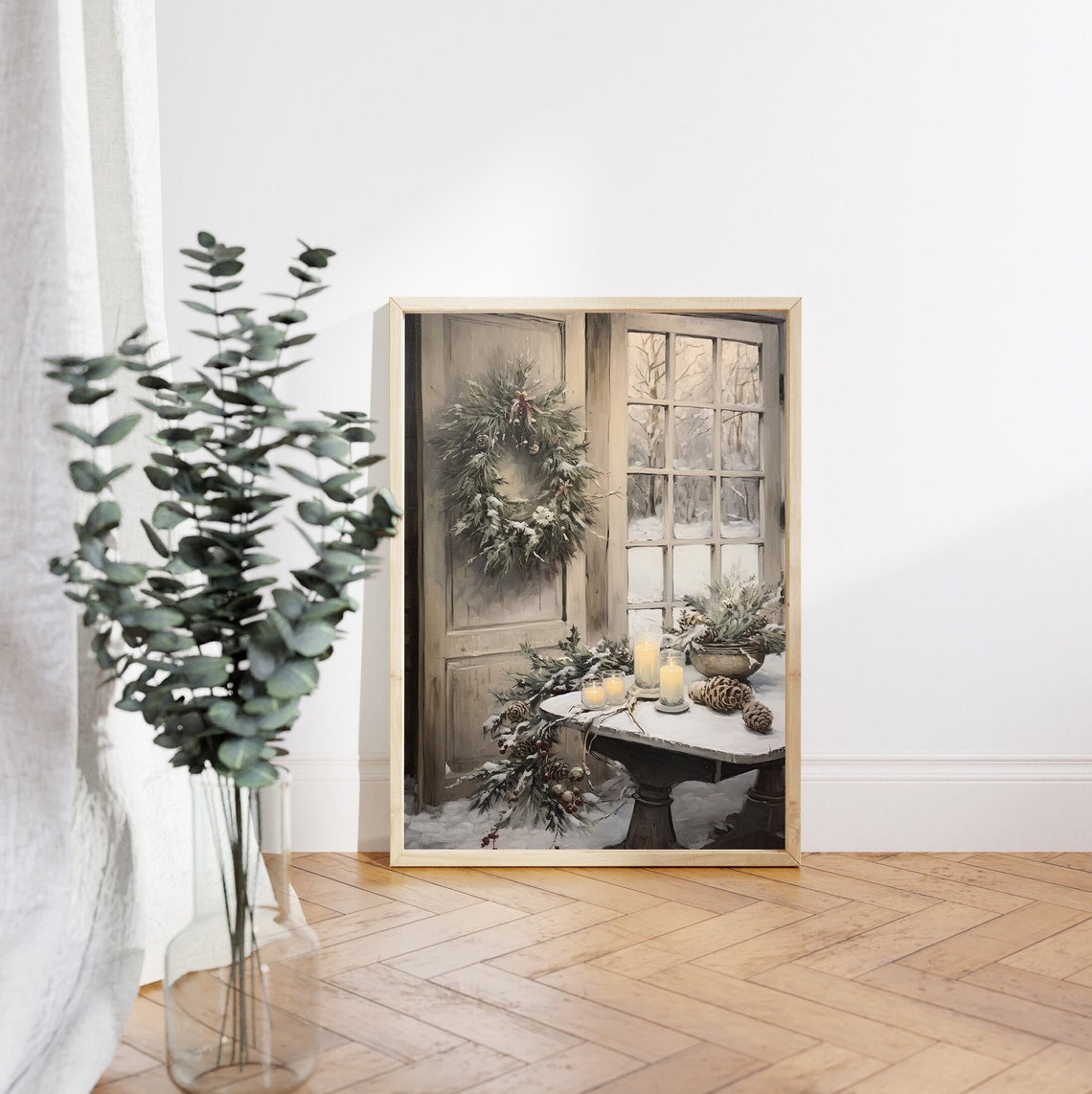 Snowy Wreath on Door by Frosty Window Candlelit Table Poster - Image 4