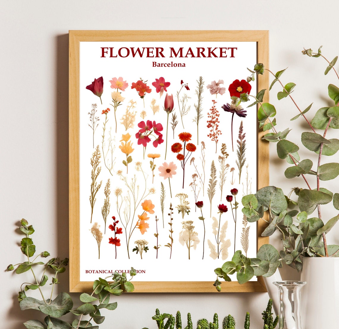 Barcelona Flower Art Downlad Flower Market Print Dried Flower Pressed Wall Art Wildflowers Art Flower Market Poster