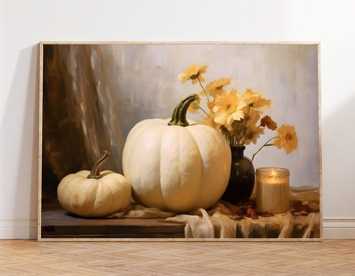 Beige Pumpkins, Farmhouse Autumn Still Life Art Print
