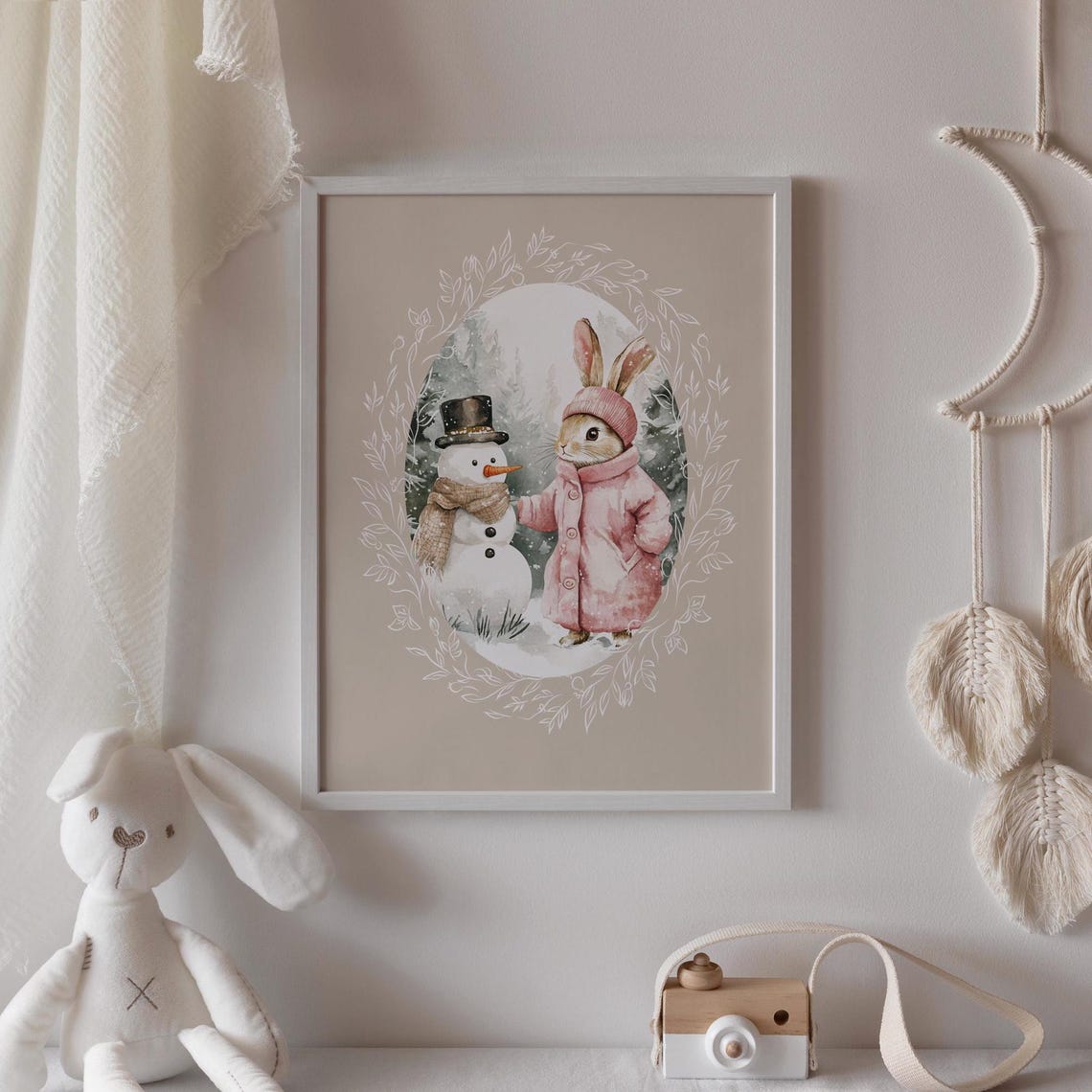 Bunny in Pink Coat Meeting a Snowman in Snowy Winter Woods Poster - Image 3