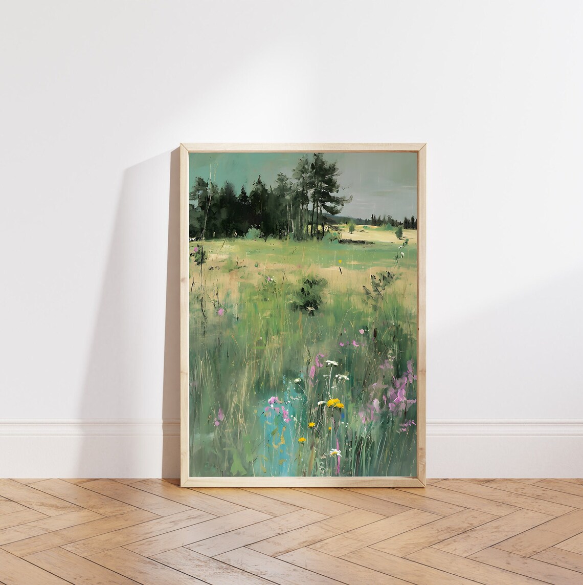 Spring Meadow Painting Wildflowers Pine Forest Hazy Pastel Art Poster - Image 5