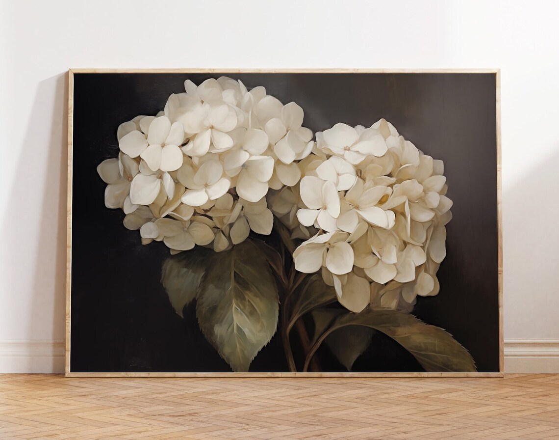 Hortensja Vintage Flower Art Print, Moody Botanical