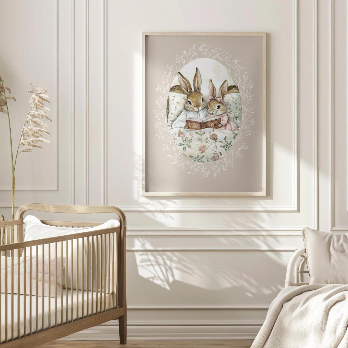 Two Bunnies in Nightgowns Reading a Book in a Floral Bed Poster - Image 5