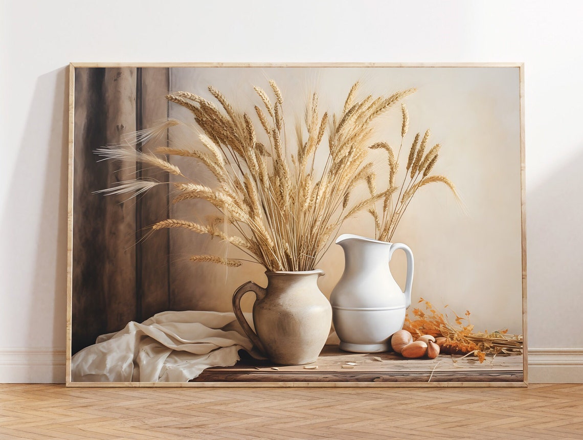 Wheat Sheaves in an Earthenware Jug Rustic Harvest Table Wall Art