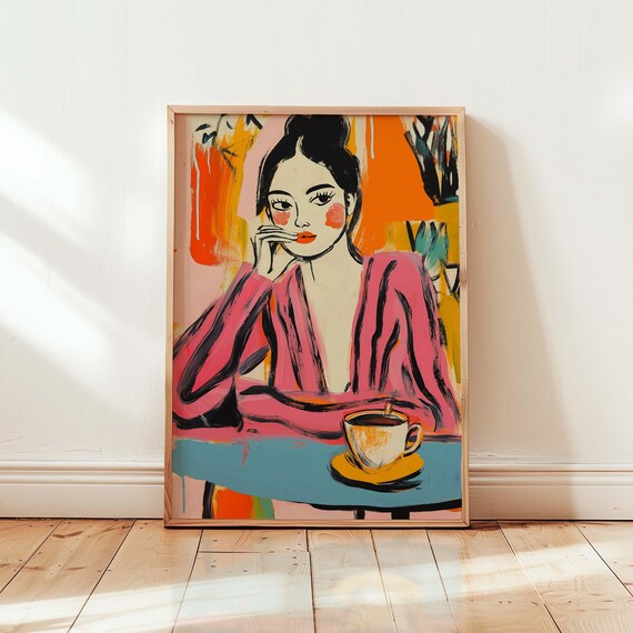 Woman with Coffee Cup Colorful Expressive Cafe Painting Art Poster