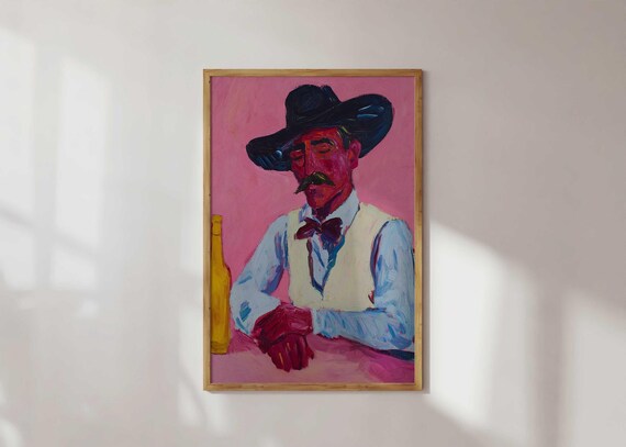 Western Cowboy Art Print Bold Maximalist Vibrant Pink Decor Whimsical Ranch Style Poster Expressive Country Artwork