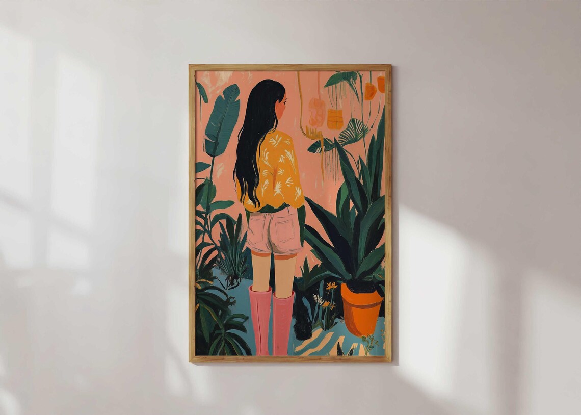 Girl In Pink Boots Among Tropical Plants Illustration Poster