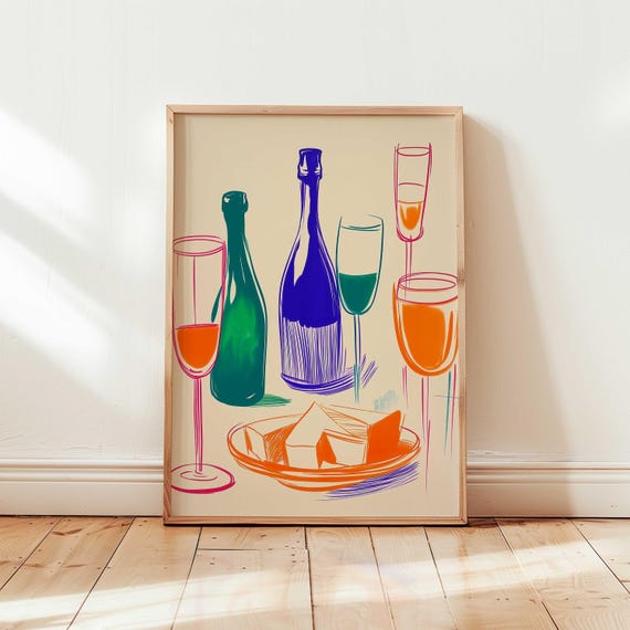 Vibrant Wine And Cheese Art Print Matisse Maximalist Kitchen Wall Decor Colorful Eclectic Dining Room Poster Modern Food Drink Artwork