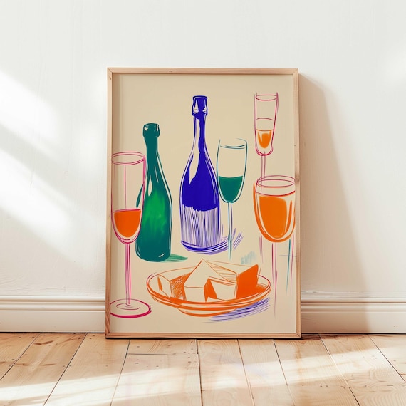 Vibrant Wine Glasses and Cheese Colorful Eclectic Kitchen Art Poster