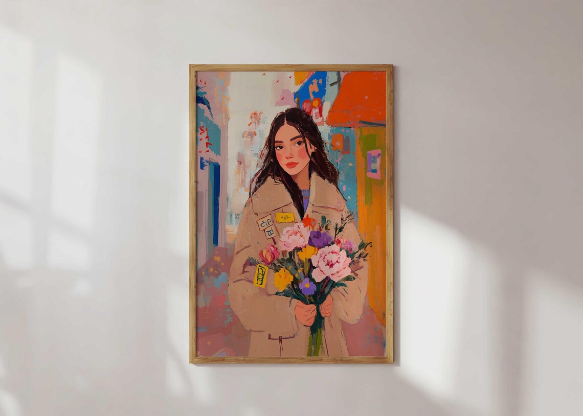 Young Woman with Flower Bouquet Colorful Street Painting Poster