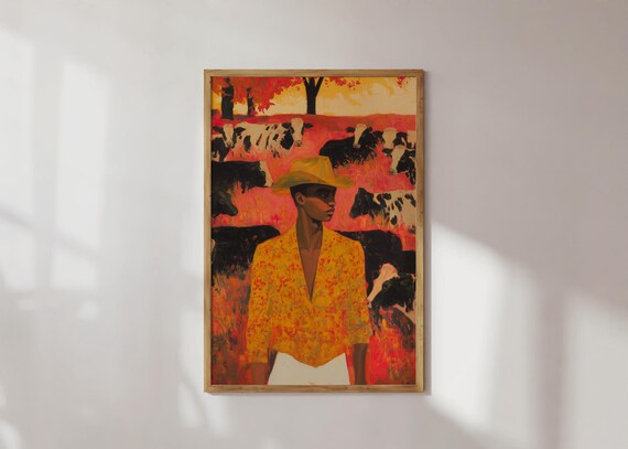 Cowboycore Wall Art Bold Afro Maximalist Print With Cows Vibrant Black Male Portrait Western Home Decor Modern Farmhouse