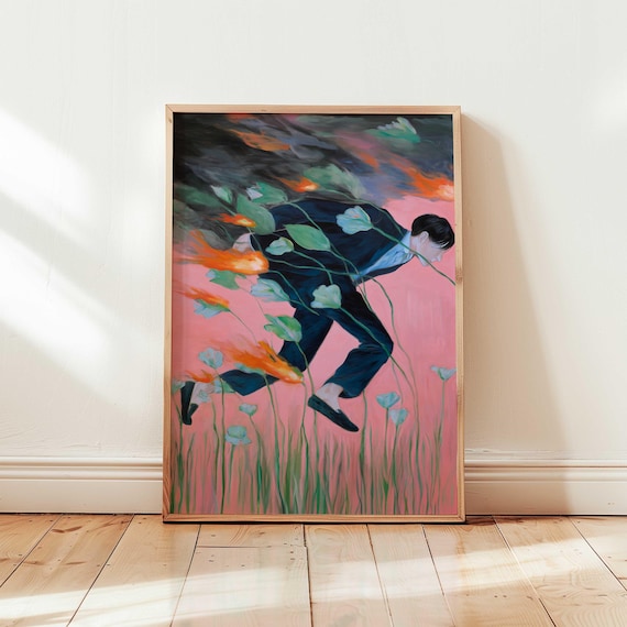 Colorful Maximalist Art Surrealist Fire Surreal Floral Runner Print Pink Dreamcore Wall Poster Bold Flaming Flowers Decor