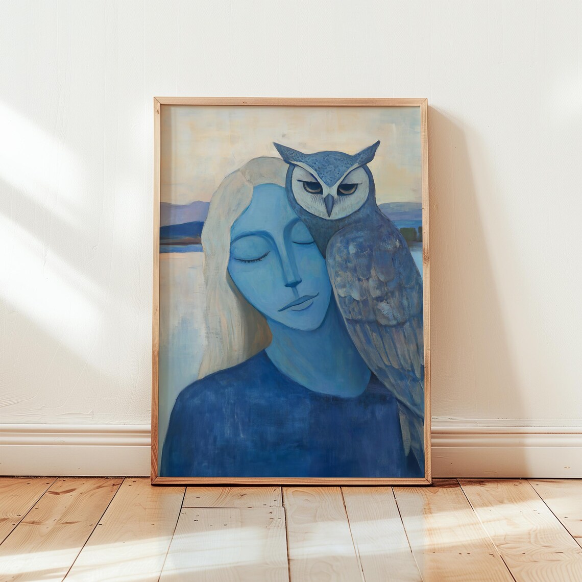 Blue Woman With Owl Mystical Monochrome Spiritual Portrait Poster