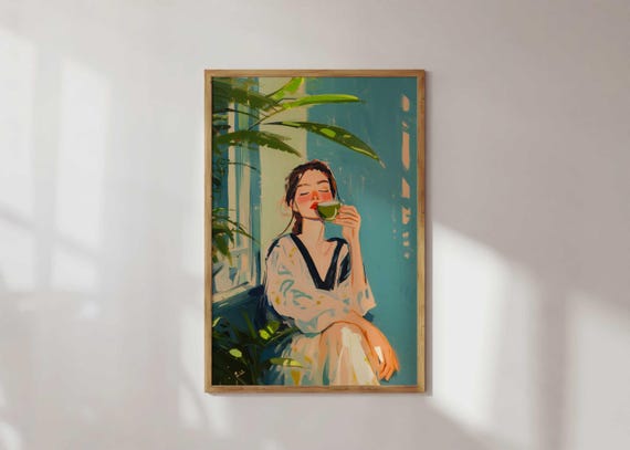Emerald Green Coffee Art Whimsical Portrait Print Abstract People Wall Contemporary Lover Decor Cute Kitchen