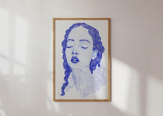 Blue Line Art Face Print Modern Minimal Wall Abstract Girl Portrait Poster Cool Room Decor Clean Bedroom