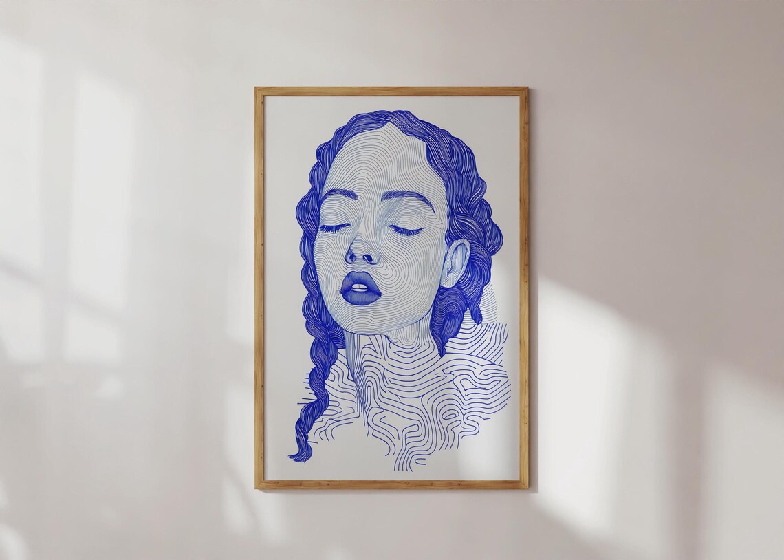 Blue Line Art Woman Face Contour Poster Minimal Braided Hair Portrait Decor