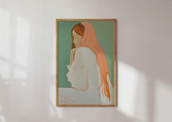 Colorful Girl Art Print Modern Minimalist Woman Portrait Soft Feminine Wall In Green Sage Neutral