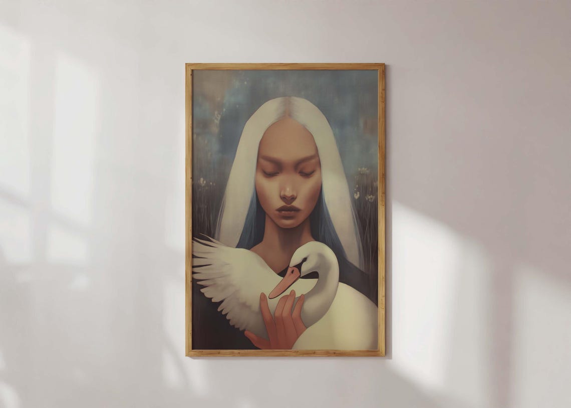 White Swan Woman Portrait Serene Poster Blue Gray Feathered Hair Art