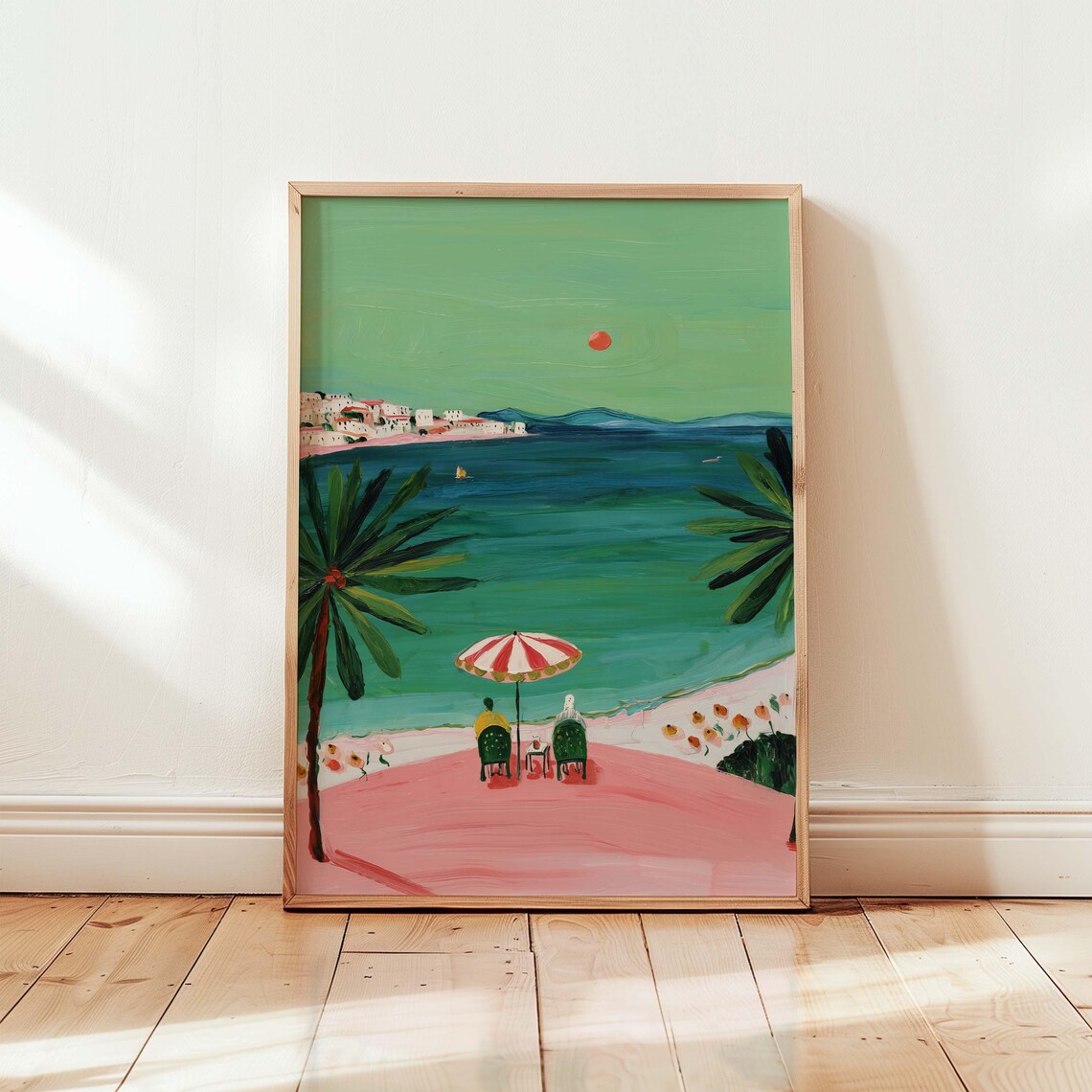 Colorful Mediterranean Beach Scene with Palm Trees Umbrella Poster