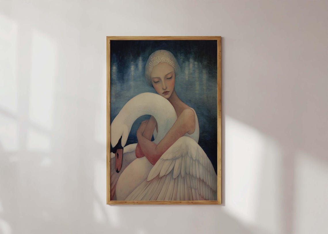Graceful Ballerina Embracing Swan Romantic Night Scene Art Poster