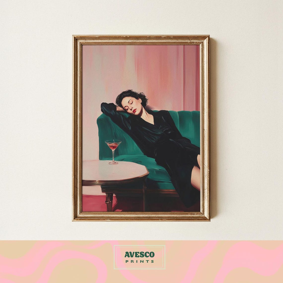 Elegant Woman Resting On A Green Velvet Sofa Cocktail Poster