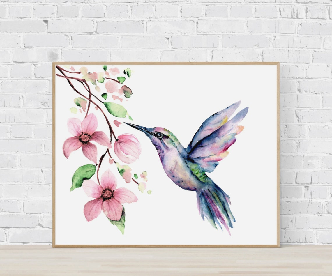 Watercolor Hummingbird Among Pink Cherry Blossoms Art Poster