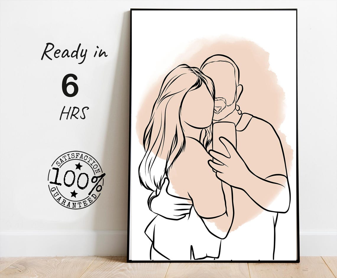 Couple Mirror Selfie Line Art With Soft Blush Watercolor Poster