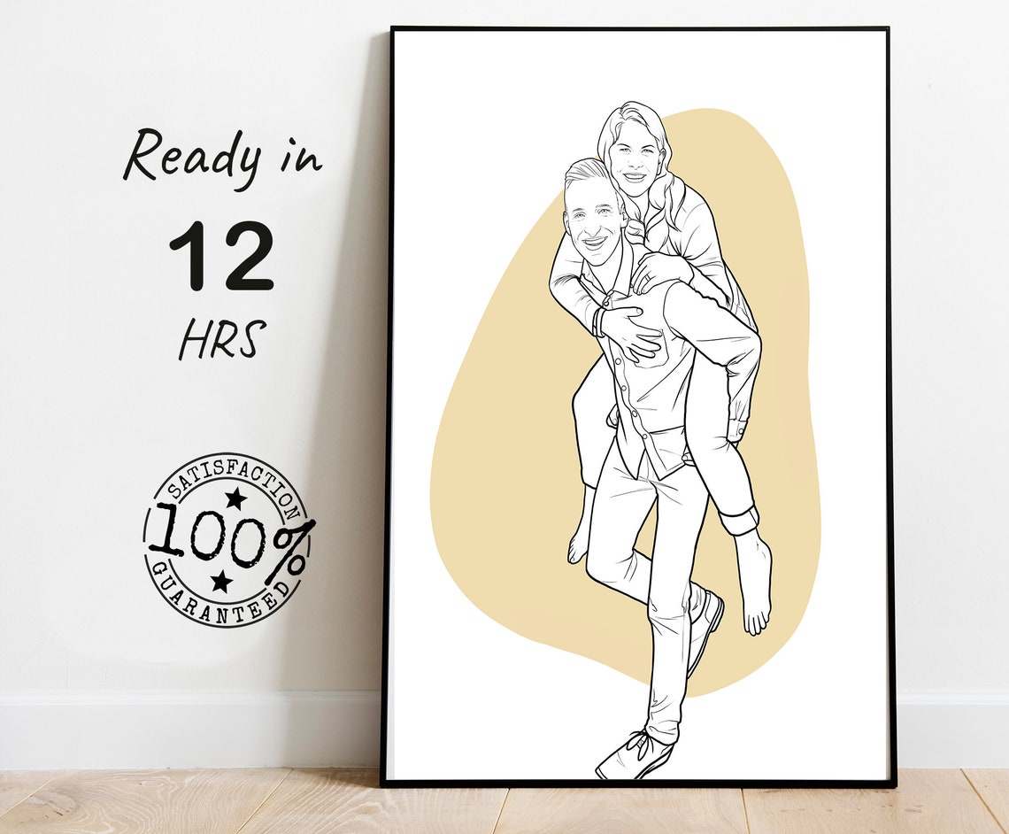 Custom Line Drawing of a Couple Playful Piggyback Ride Poster