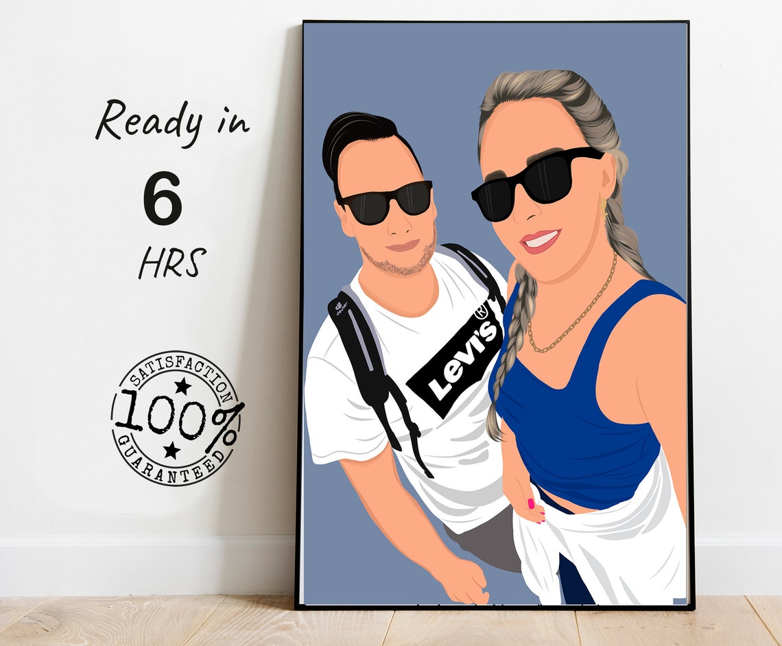 Couple Selfie Custom Illustration Portrait Blue Tank Levi's Tee Poster