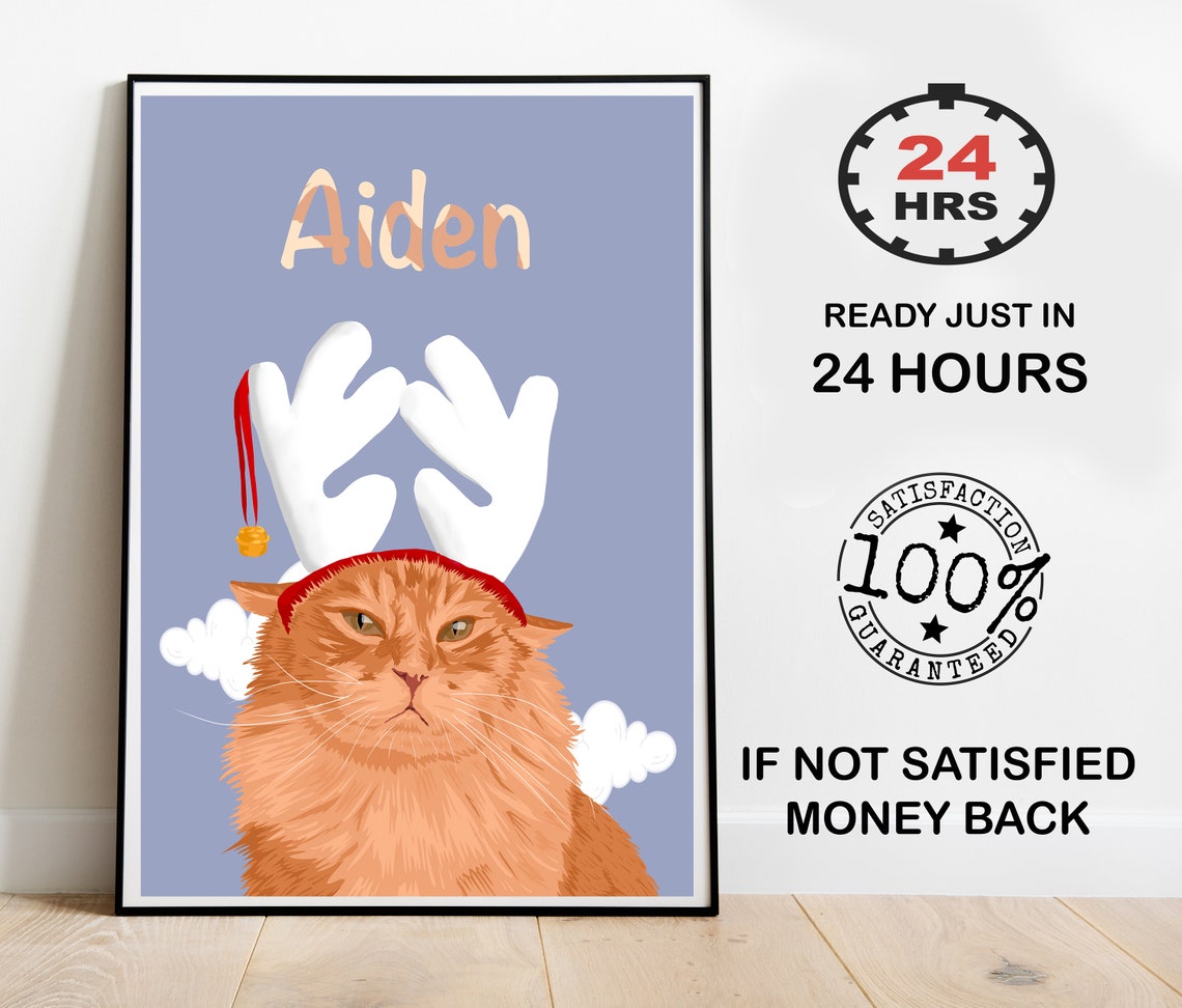 Personalized Christmas Cat Portrait With Reindeer Antlers Poster