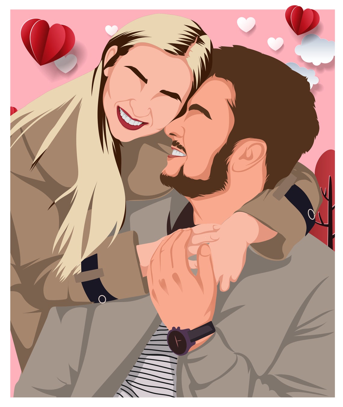 Valentine Couple Vector Illustration With Paper Hearts Poster