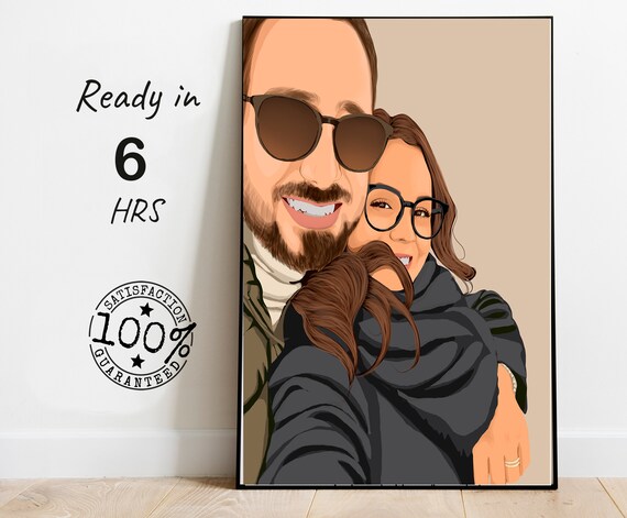 Smiling Couple Embrace In Warm Colored Portrait Illustration Poster