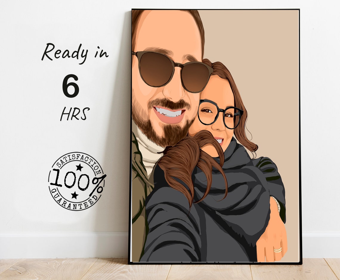 Smiling Couple Embrace In Warm Colored Portrait Illustration Poster