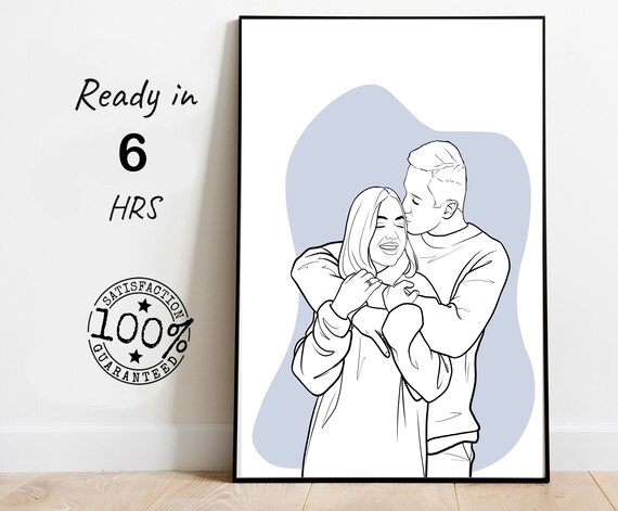 Couple Embrace Line Art Portrait With Soft Blue Watercolor Wash Poster