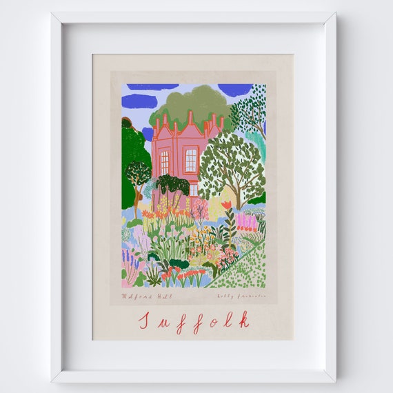 Melford Hall Suffolk Painted Scene Floral Facades Landmark Print Travel Art Poster Uk Attraction Painting Landscape