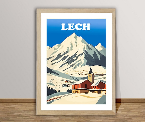Lech Village Church Snowy Mountain Peak Vintage Austrian Winter Poster
