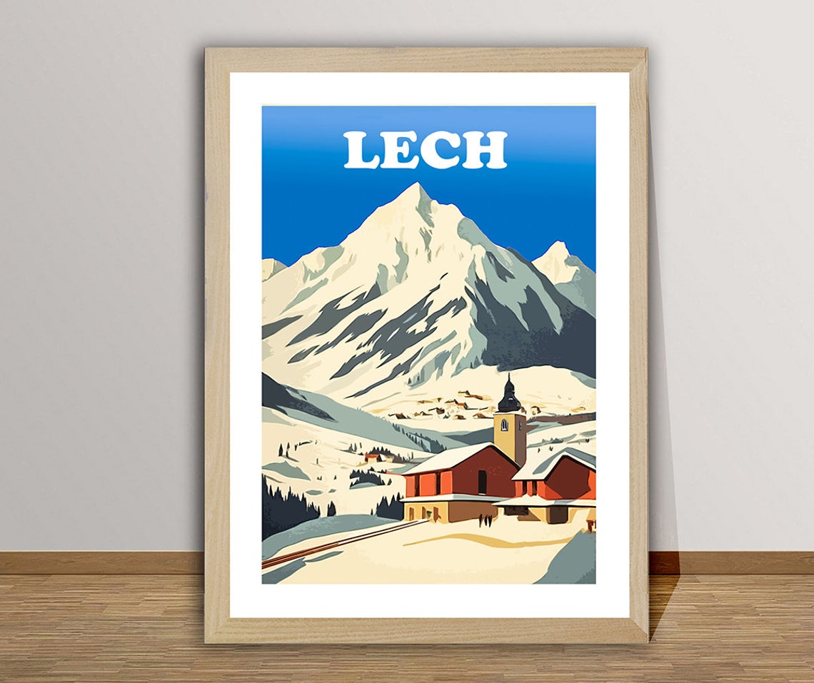 Lech Village Church Snowy Mountain Peak Vintage Austrian Winter Poster