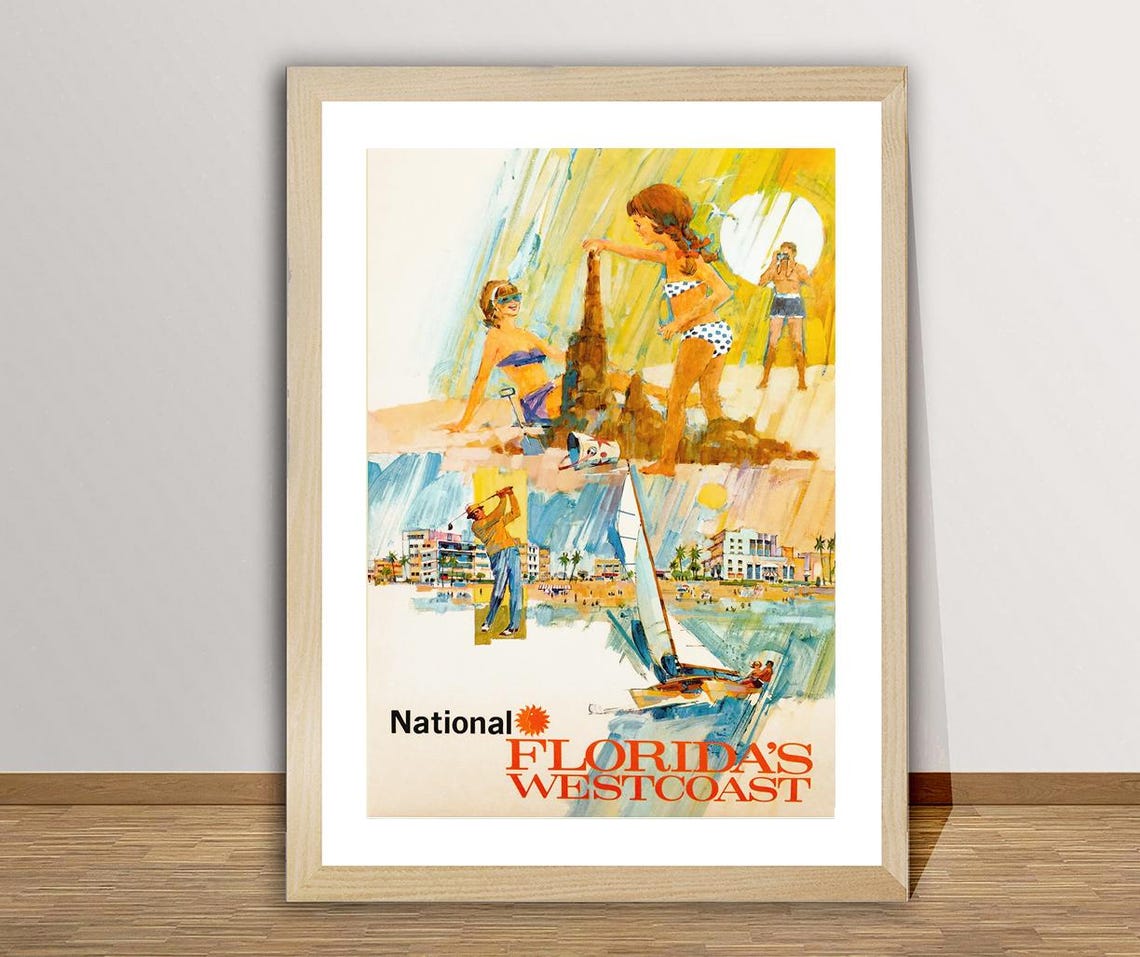 National Floridas West Coast Vintage Beach Sailing Travel Poster