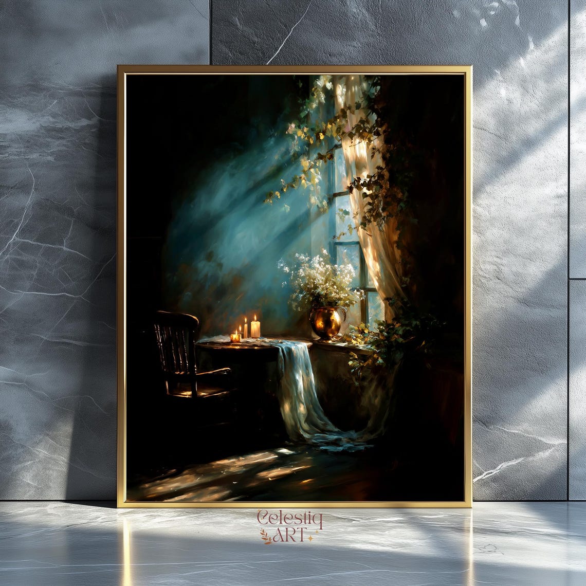 Sunlit Ivy Window With Candles Gothic Dark Academia Wall Art Moody Light Shadow Ruin