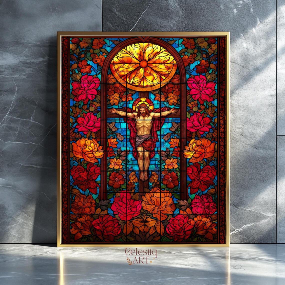 Crucifixion Of Jesus Christ Stained Glass Style Floral Window Art Print