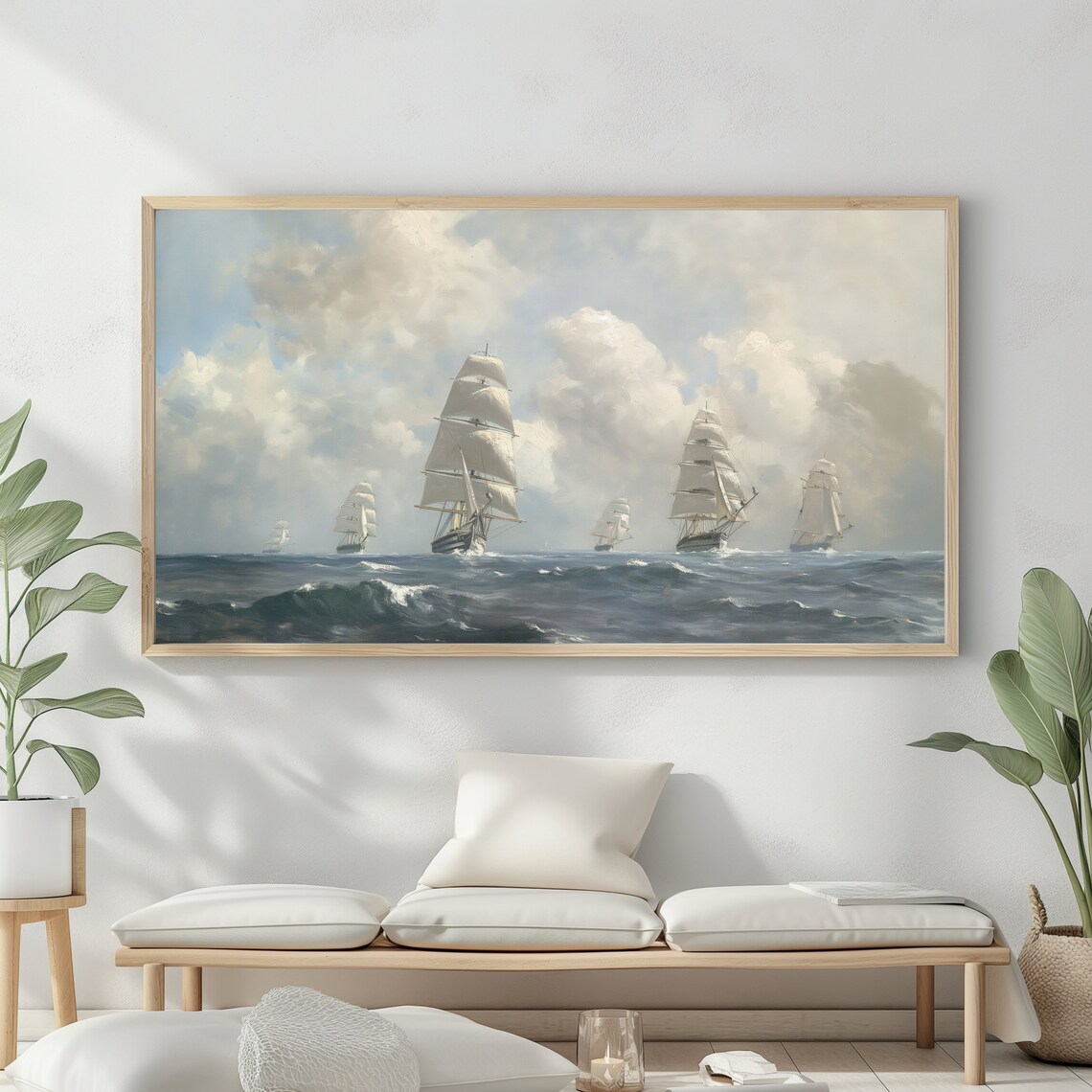 Frame Tv Art Vintage Nautical Oil Painting Summer Sea Art Boat Art Ocean Frame Tv Art Blue Nautical Seascape - Image 2