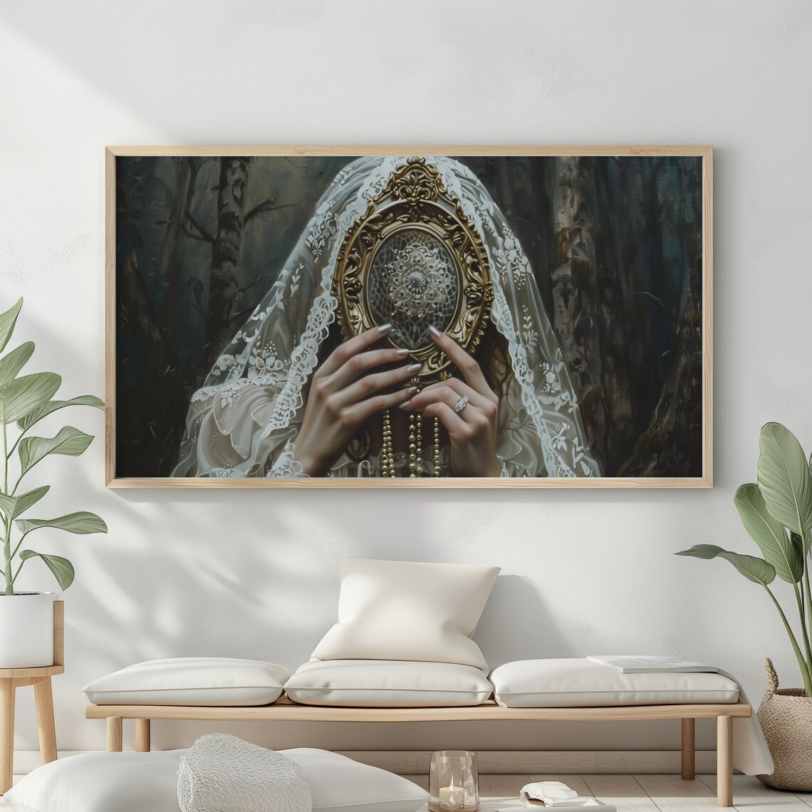 Veiled Woman Gold Mirror Victorian Gothic Dark Academia Moody Wall Art Poster - Image 2