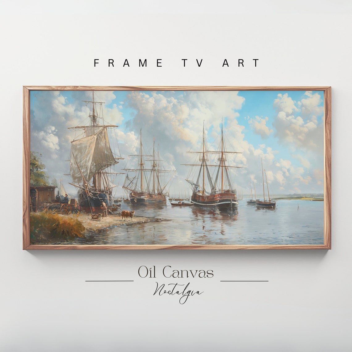 Tall Ships Anchored Harbor Classic Sailing Vessels Maritime Oil Poster