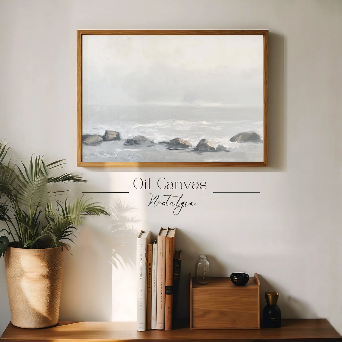 Misty Gray Seascape Rocky Shore Pastel Coastal Serene Vintage Poster - Image 2