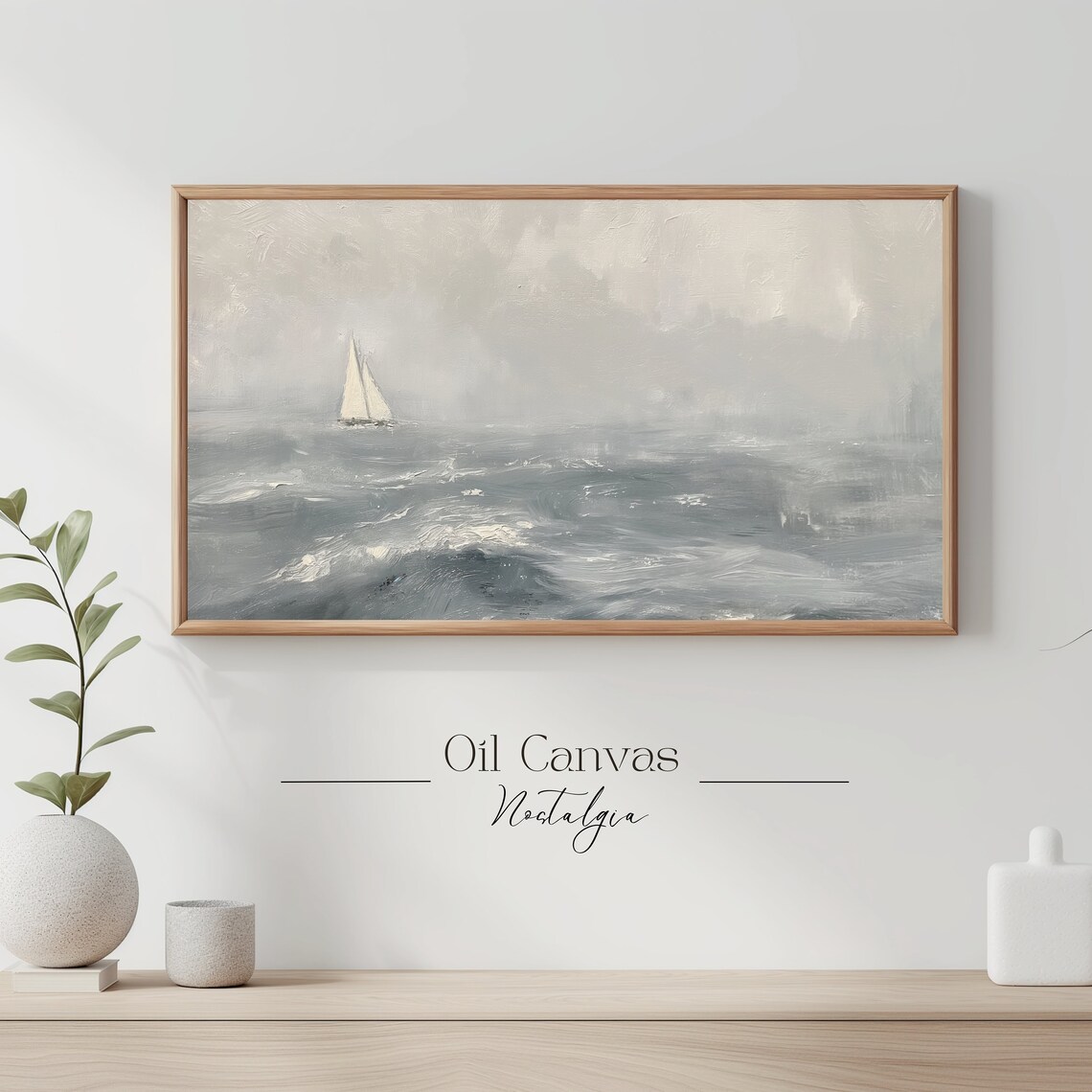 Lone Sailboat Misty Gray Sea Vintage Nautical Seascape Sail Art Poster - Image 3